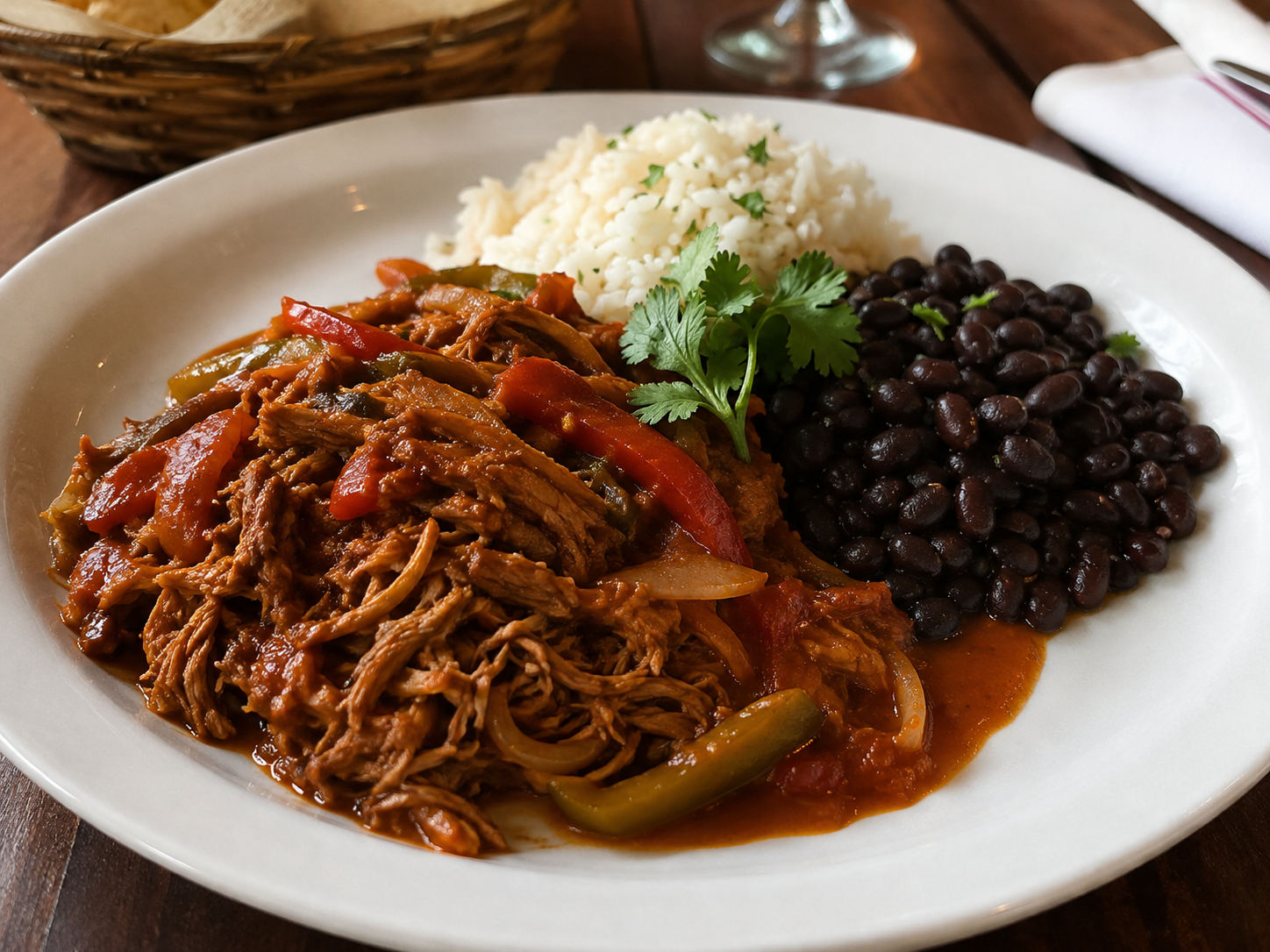 Ropa vieja served on a cafe table